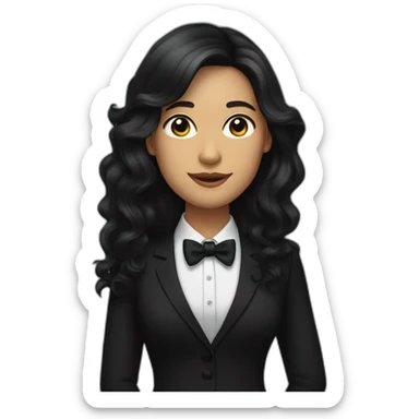 Woman with a long dark hair wearing black suit with a black bow tie sticker