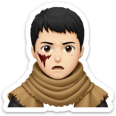 Guts from berserk, head shot, thick scarf covering mouth, scar over nose, black hair sticker