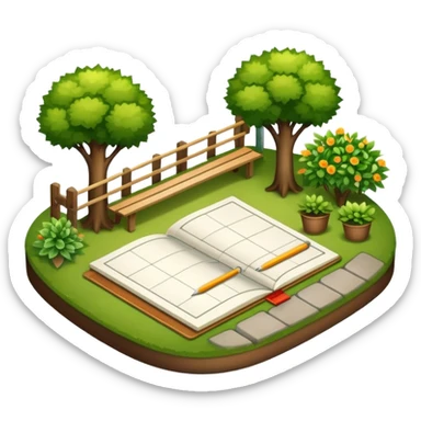 Icon for Landscape Design: a garden layout with trees, plants, pathways, and outdoor furniture, along with design tools like a ruler and sketchpad. The icon should represent the creativity and planning behind landscape design. Transparent background. sticker