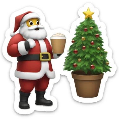 Santa grabbing the coffee, standing beside the christmas tree sticker