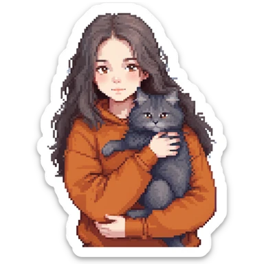 Brunette girl with dark blue sweatshirt snuggling a fluffy grey Siberian cat sticker