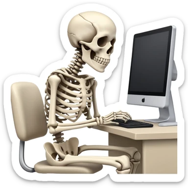 Skeleton sitting at computer desk sticker