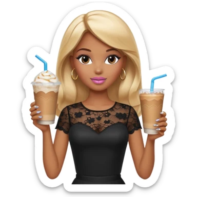 brown skin blonde barbie wearing black lace shirt with iced latte with long French tip nails sticker