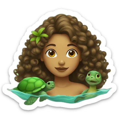 Indian woman with curly hair swimming with a turtle sticker