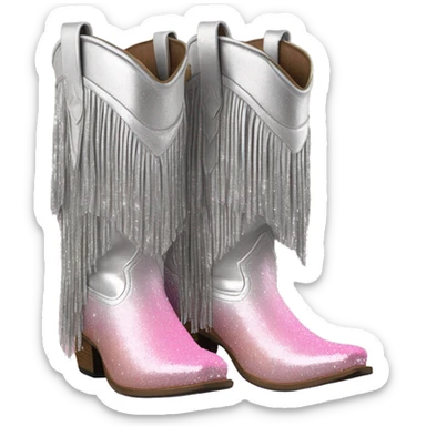 Realistic silver and pastel pink ombre pair of fashion cowgirl boots with sparkly shiny glitter fringe on them. sticker
