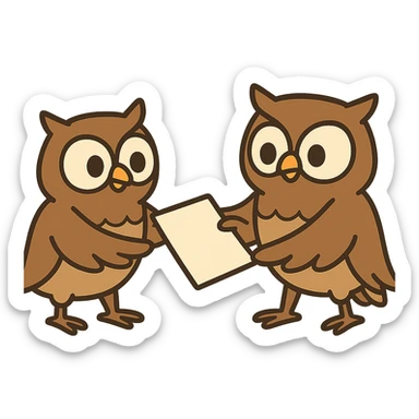 flat toon style cartoon owls passing papers or working together, teamwork theme sticker