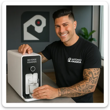 Realistic style image of a man using his reverse osmosis water purifier, inspired by the provided photo. Show the man operating or filling a glass from the purifier, with the device clearly visible. Positive atmosphere. sticker