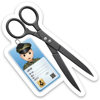 Floating black Scissors cutting an idf soldier ID card in 2 parts .hyper realistic sticker
