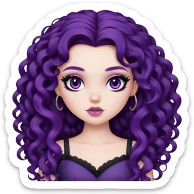 curly long dark purple hair, pale skin, pretty bratz baddie, black eyeliner, blush sticker