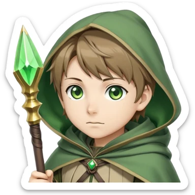 Rudeus Greyrat from Mushoku Tensei, green eyes, short light brown hair, wearing adventurer's outfit with a green cloak, holding a staff, confident and curious expression sticker