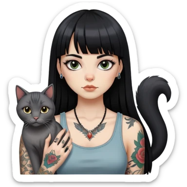 girl with long black  straight bangs hair and tattoos and a grey-shared cat sticker