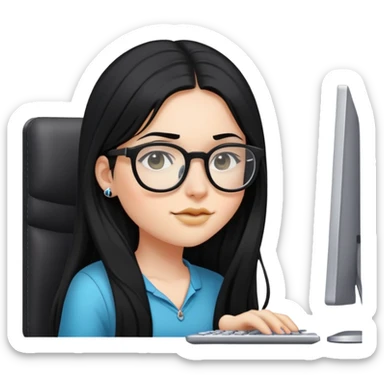 Girl with long black hair, glasses, nostril piercing, and a computer sticker