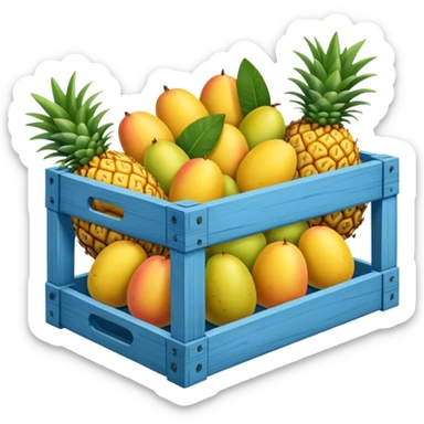 pineapples, mango and passion fruit in a blue crate sticker
