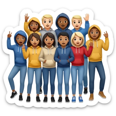 winners’ podium with multi-racial people, middle step higher, fun, casual clothes like jeans and hoodies, excited, fun, expressive emoji style sticker