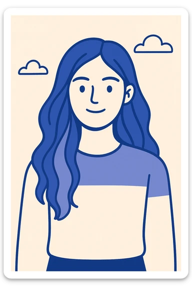 long haired brunette colored hair girl, neutral expression, upper body, simple background, modern illustration style sticker