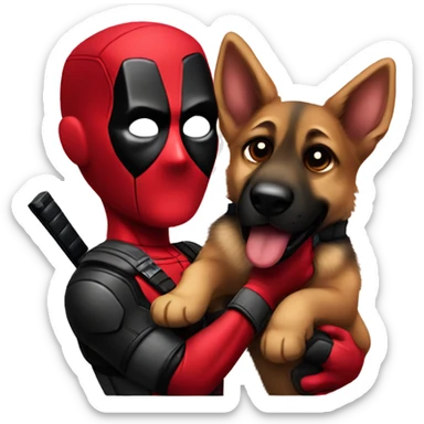 Deadpool holding a German shepherd puppy sticker