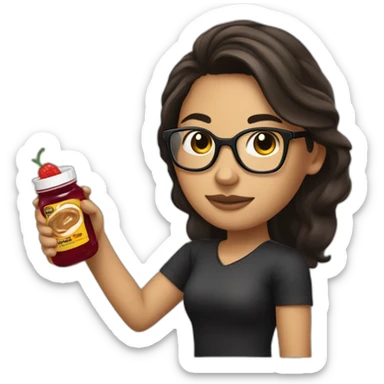 25 year old brunette with black glasses making a pistolet with peanutbutter and jelly sticker