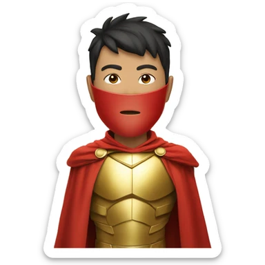 super hero, boy, asian, gold armour, red cape, face mask sticker