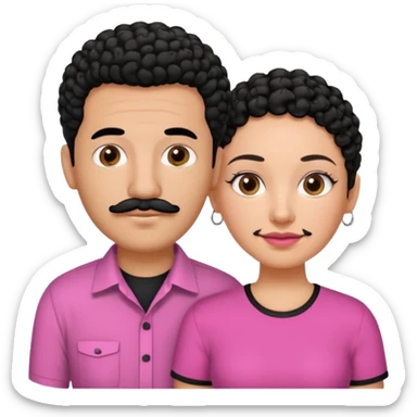 A picture if a couple, the man is a Mexican man with really short almost bald black hair and a trimmed mustache, a black shirt on. the woman is mixed with black and white, with curly hair and a pink shirt on sticker