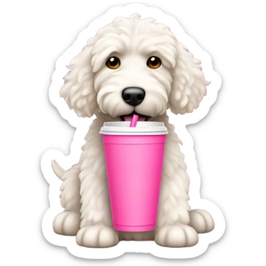 White labradoodle with pink drinking cup with handle and straw sticker