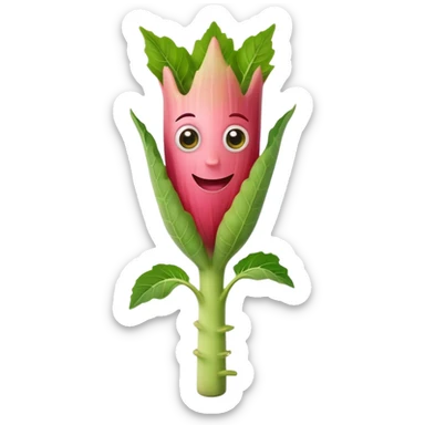 rhubarb stalk with big eyes and a smiling face sticker
