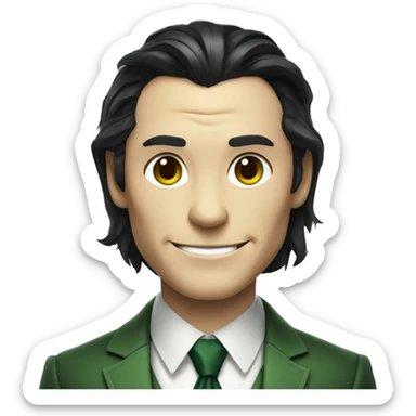 marvel's loki dressed in a grey suit and green tie with evil smile sticker