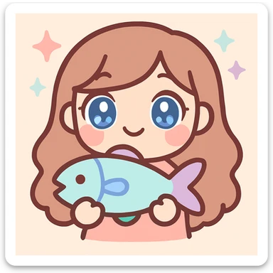 Make the girl more chibi style, give her blue eyes, and make her look slightly older (not too young), keep her holding a fish, digital art, kawaii style, twitch emote. sticker