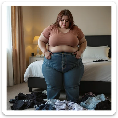 realistic plus-size woman in bedroom, trying to pull jeans over very swollen thighs, seams bursting like popped balloons, clothes scattered on the floor, vertical photo sticker