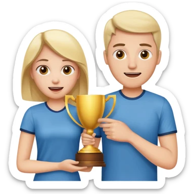 Create an emoji that reflects man & woman that is happy, and that asks a lot of questions and have trophy all around him & her sticker