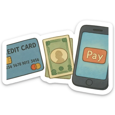 ghibli style illustration of payment methods: credit card, cash, phone sticker