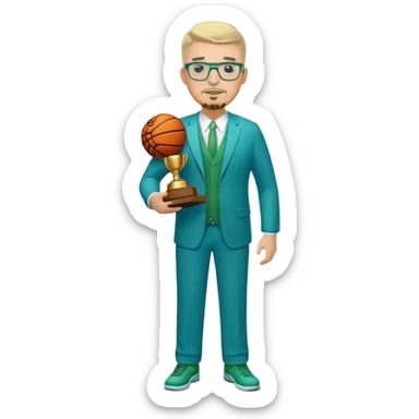 Full Body white male plus size body type  wearing glasses with a goatee with light blonde gray very short hair basketball head Coach in blue and green suit holding trophy sticker