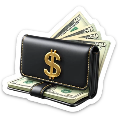 Rich emoji style black leather wallet with dollar bills, luxury money vibe, premium 3D emoji, ultra clean, high detail, no background
 sticker