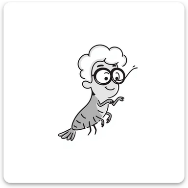 a little shrimp that is old with white hair and glasses, elderly shrimp character with white eyebrows and hair, wearing round glasses sticker