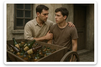 Bir g'ildiragi singan ichimliklar ortilgan arava uning yonida aka uka bir biriga havotirli nigoh bilan qarab turibdi realistik uslubda sticker