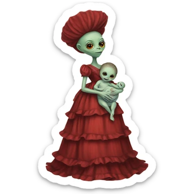  Reptilian alien woman , full body, in victorian red elegant dress , holds a newborn white humman baby sticker
