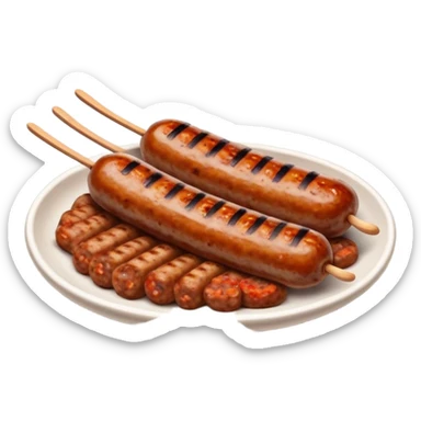 Cinematic Realistic Cevapi Dish Emoji, depicted as small, grilled minced meat sausages with a charred exterior rendered with lifelike textures and warm, savory lighting. sticker