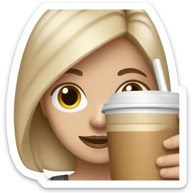 A white girl with a luggage in one hand and holdin a cup of  Iced latte sticker