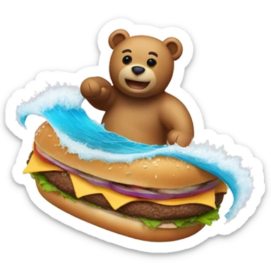 Teddy bear with a burger surfing on a tidal wave  sticker