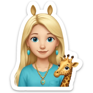 Swedish girl blonde long straigt hair blue eyes turqoise shirt gold earings, girrafe necklace gold small, long lashes smiling closed mouth sticker