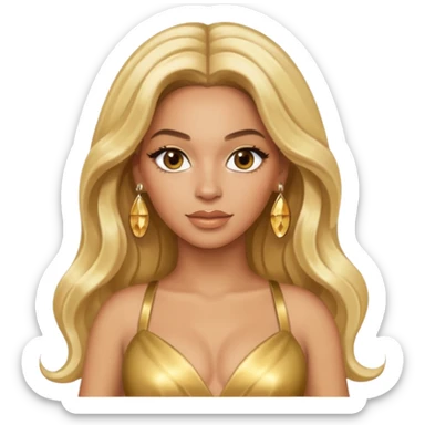 Beyonce hazel eyes, platinum blonde long hair, gold dress with earrings sticker
