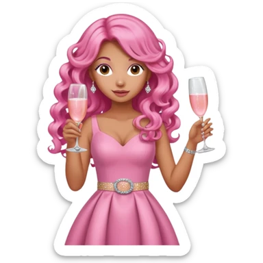 One lady with long pink curled hair and tan skin wearing a pink dress with sparkly belt holding a glass of pink champagne in each hand sticker