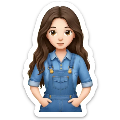 brunette long haired girl wearing overalls and farming sheep sticker