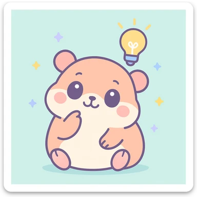 chubby hamster sitting, paw on chin, with a glowing idea bulb, kawaii illustration sticker