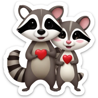Raccoon and opossum cute animal couple love with heart sticker