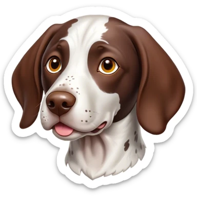Cinematic Cute German Pointer Portrait Emoji, Head tilted playfully and inquisitively, showcasing a smooth liver and white coat with a healthy sheen, round, sparkling brown eyes filled with curiosity, Simplified yet irresistibly adorable features, highly detailed, glowing with a warm, friendly glow, high shine, affectionate and spirited, stylized with a touch of whimsy, bright and endearing, soft glowing outline, capturing the essence of a mischievous yet loving companion, so playful it feels like it could dash out of the screen and into your arms! sticker