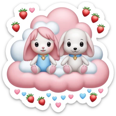  Couple DP in AI emoji style with Cinnamoroll and Snoopy. Both wear strawberry-themed accessories, sitting together on a pastel pink cloud with hearts, sparkles, and strawberries around. Cute, soft, and romantic vibe. sticker