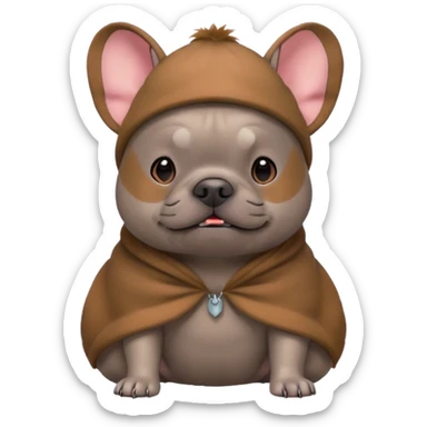 a grey french bulldog wearing a capybara costume sticker