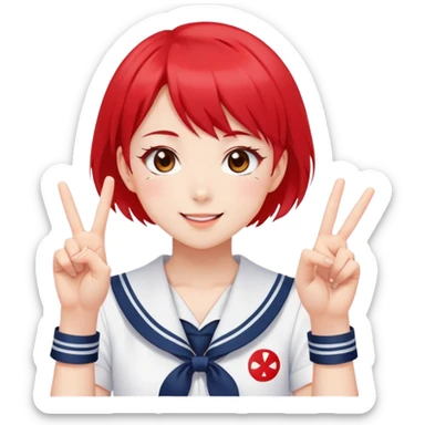 Energetic anime girl with short bright red hair wearing Japanese sailor style school uniform, winking and making double peace signs, very cheerful and bubbly, kawaii style sticker