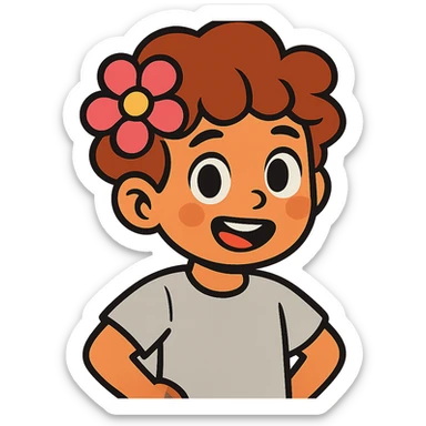 a boy with fluffy, wavy short hair and brown eyes, wearing a light grey t-shirt and a light pink flower on his head, cartoon style sticker