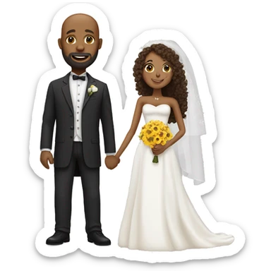 Black bald man with a beard and his wife with long, brown, curly hair on their wedding day sticker